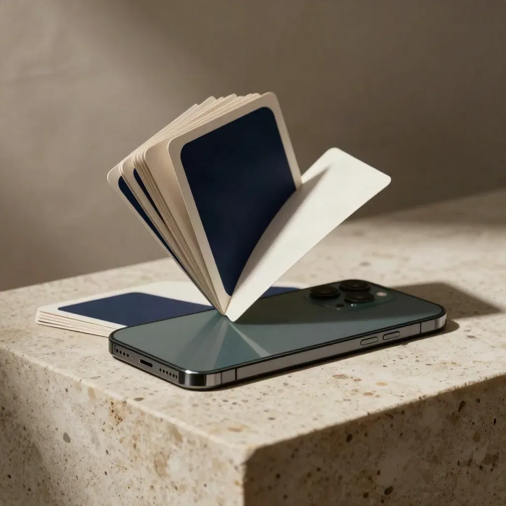 Phone slab and fanning ad cards on a travertine plinth, cinematic studio product hero.