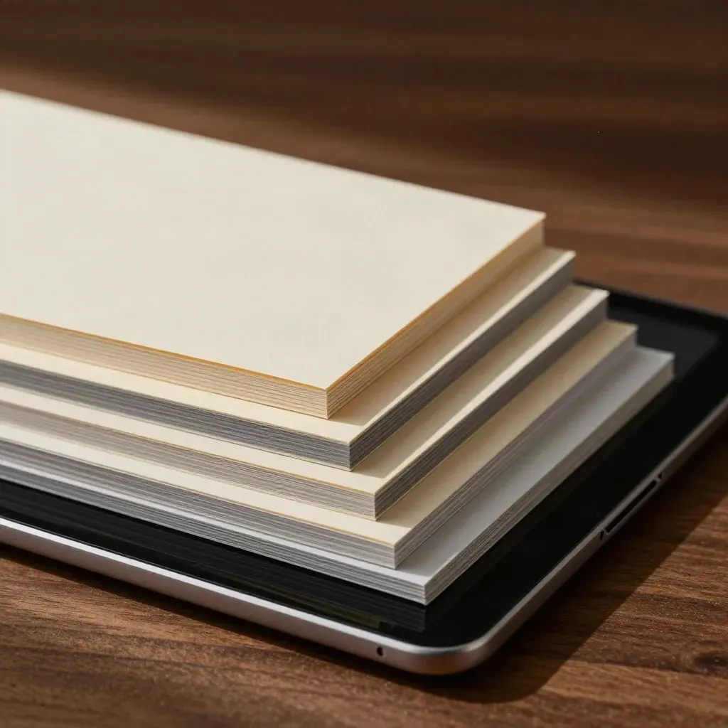 Macro of stacked SEO progress cards with a tablet slab and pale folder on walnut wood.