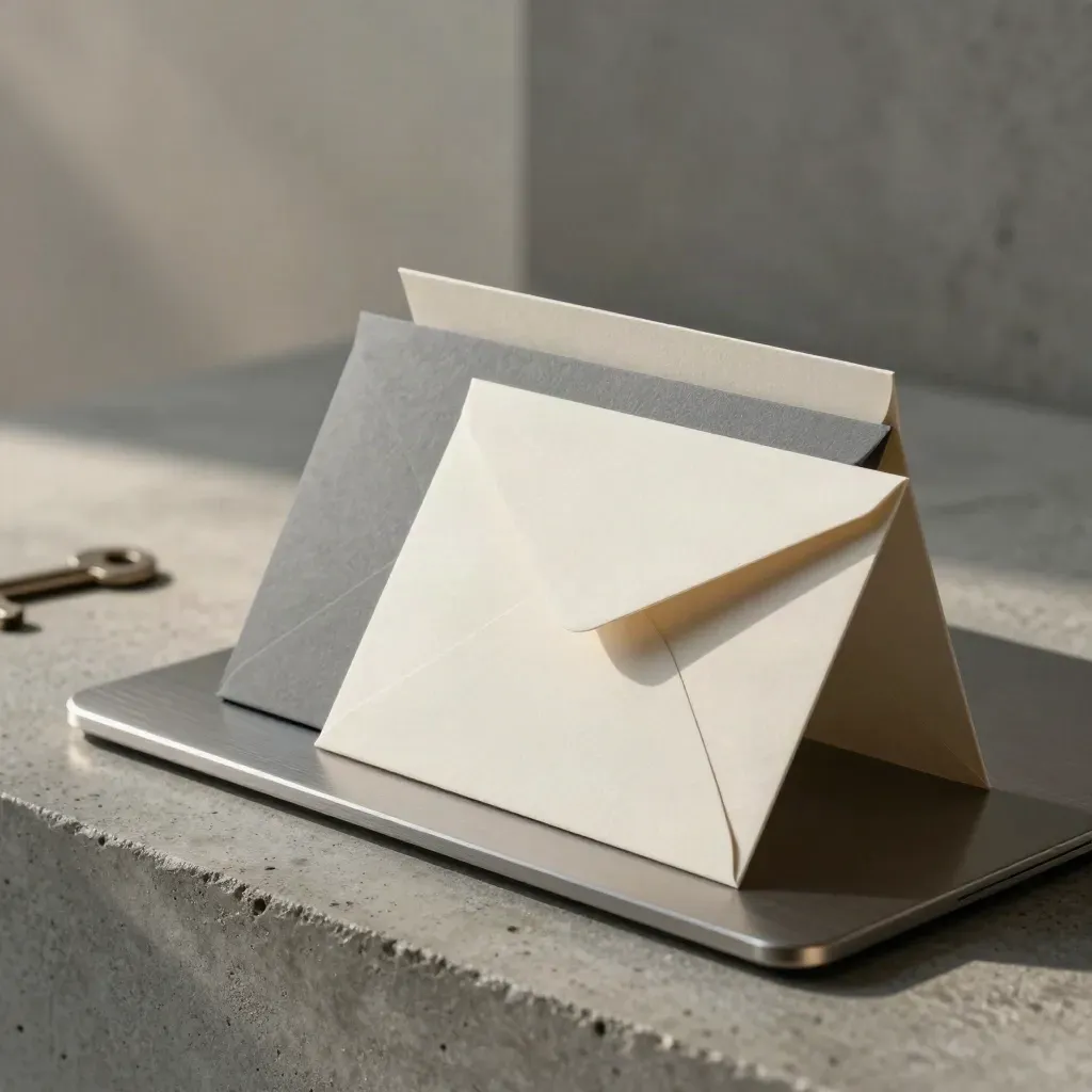 Macro of newsletter setup mockups with folded cards, a slim screen slab and envelope-form papers on concrete.