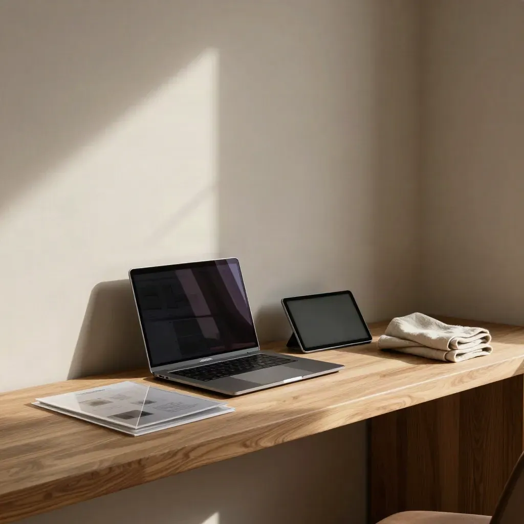Oak studio corner with laptop, tablet, linen cloth, and soft sunlit shadows