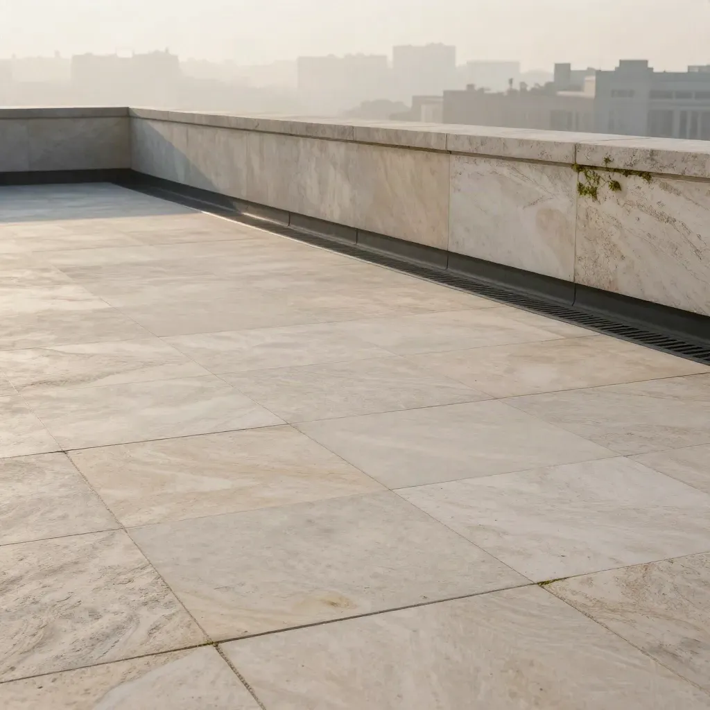Pale limestone terrace with moss seams and mist lifting into a soft distant horizon.